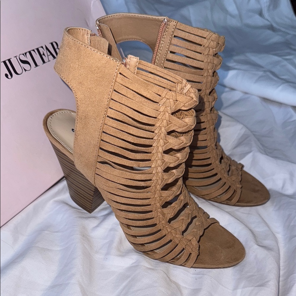 JustFab Tan Heels Gladiator-Inspired Stiletto